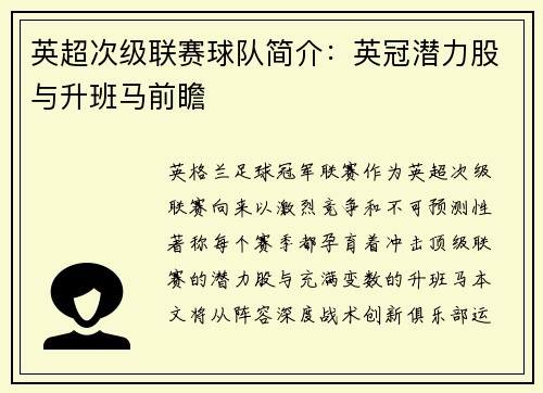 英超次级联赛球队简介：英冠潜力股与升班马前瞻